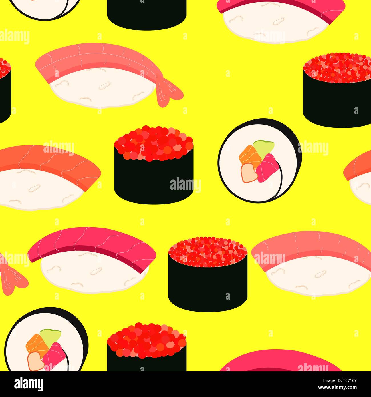 Sushi icons set. Asian food. Seamless pattern. Isometric icons. Flat ...