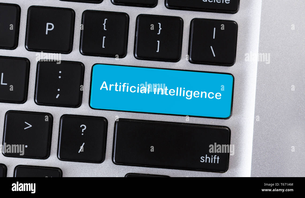 Robotization concept. Blue keyboard button with text Artificial intelligence, panorama Stock Photo