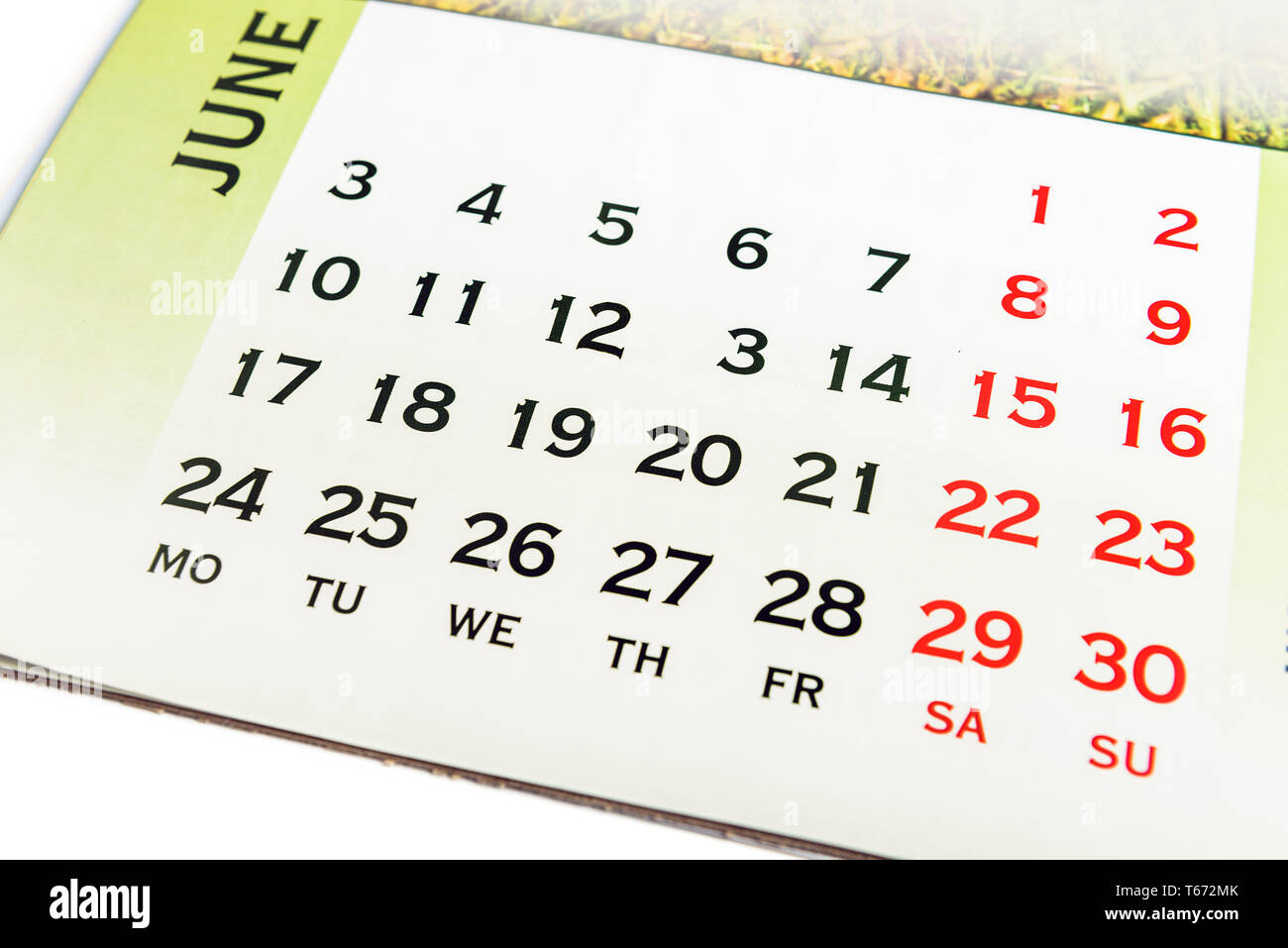 Wall Calendar June top view. Your may mark any day. Copy space for message Stock Photo