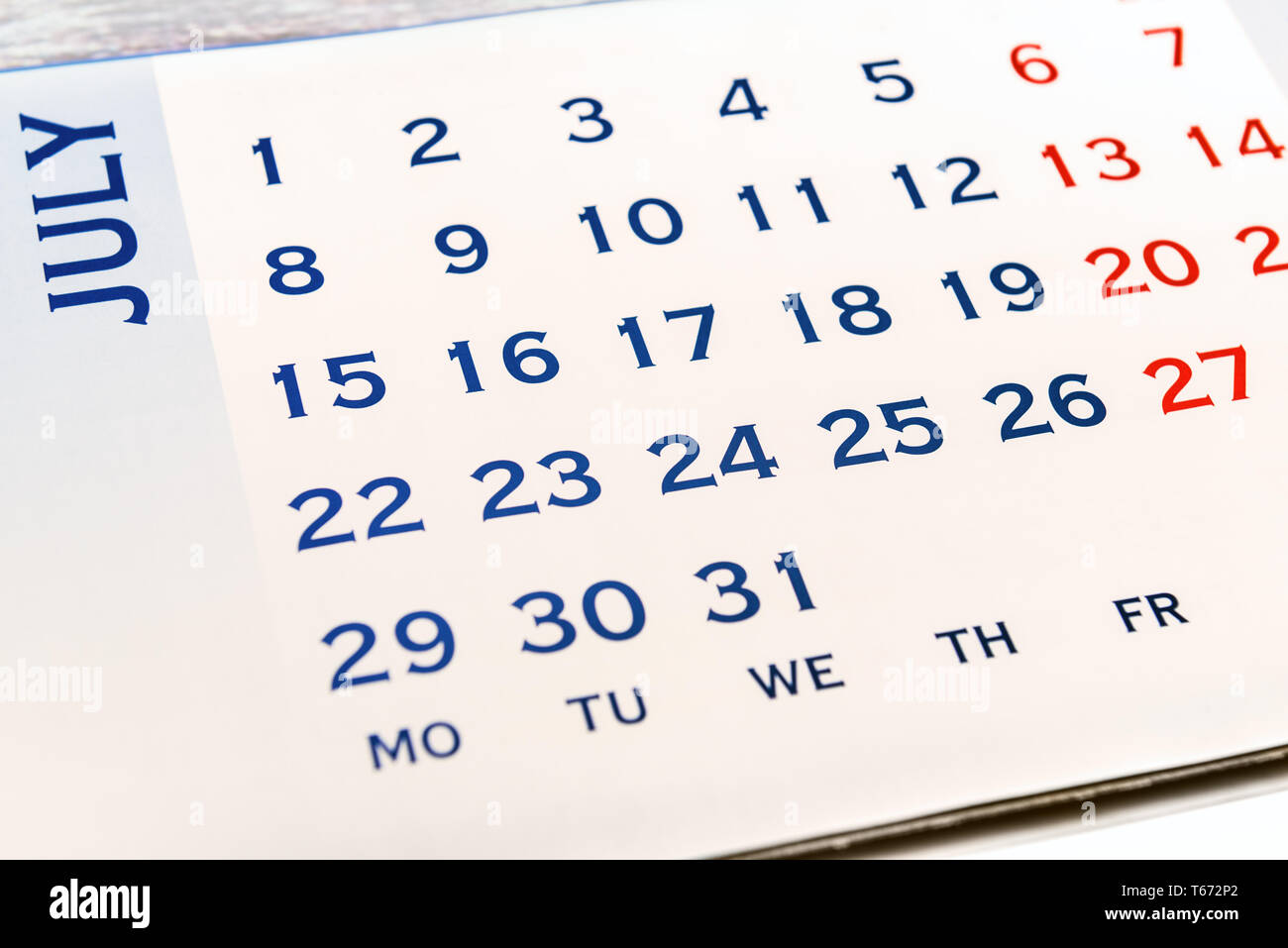 Wall Calendar June top view. Your may mark any day. Stock Photo