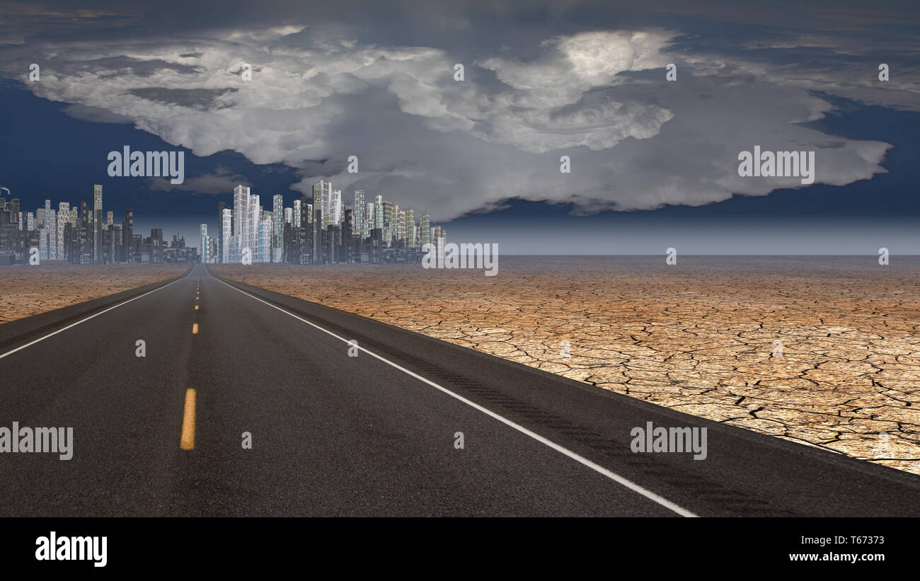 Desert highway and city Stock Photo - Alamy