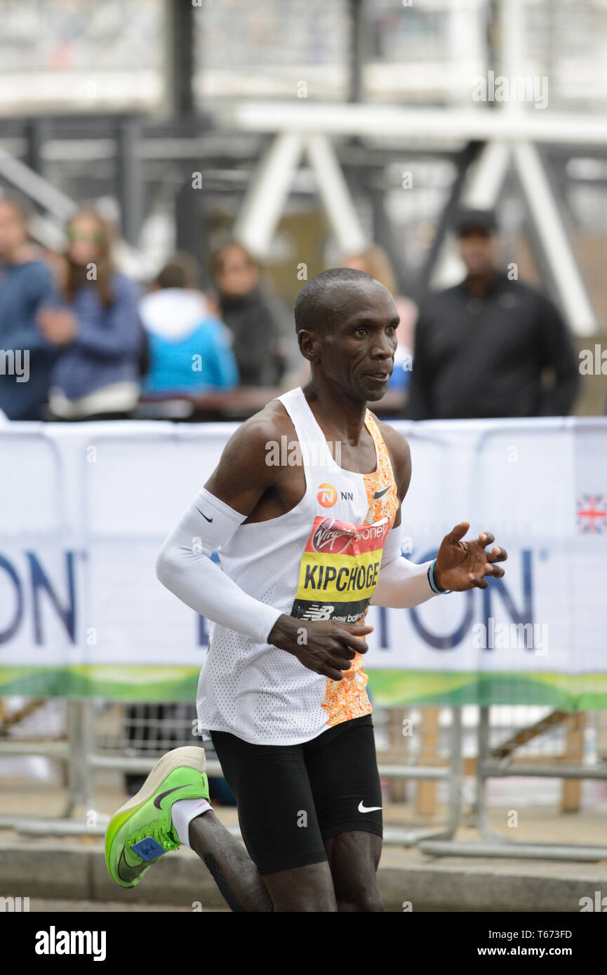 Eliud Kipchoge running London marathon. He won the event in a time of 2