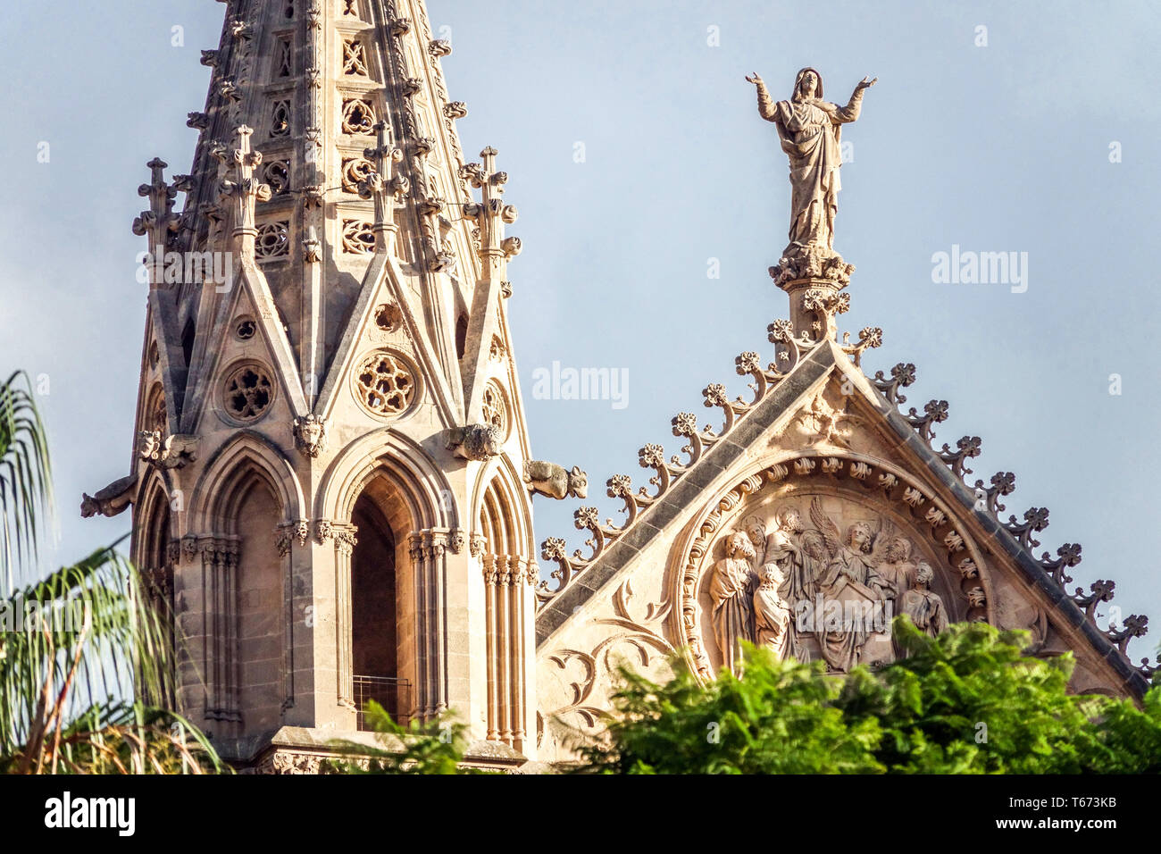 Statue Mary Virgin on top of Cathedral La Seu, Palma Mallorca Spain Europe gothic architecture Stock Photo