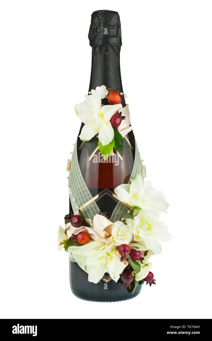 Champagne Bottle with Wedding Decoration of Flower Arrangements ...