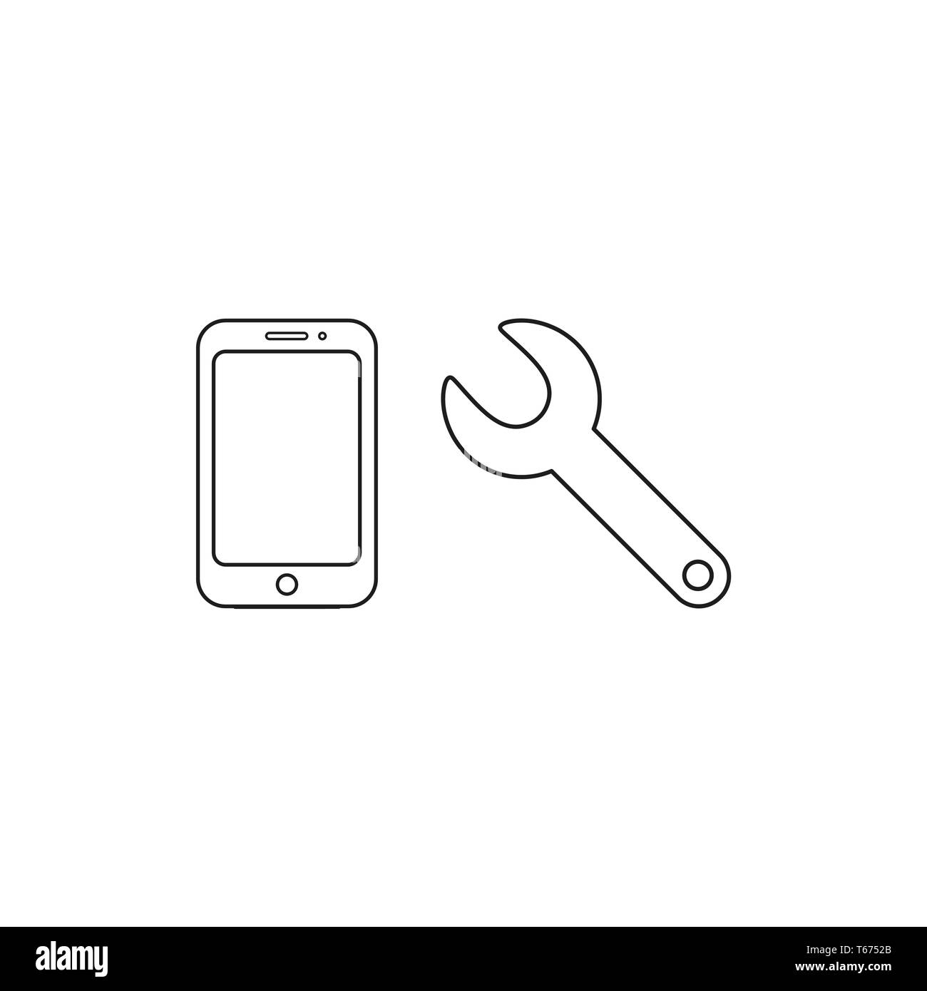 Vector icon concept of repair smartphone with spanner. Black outlines ...