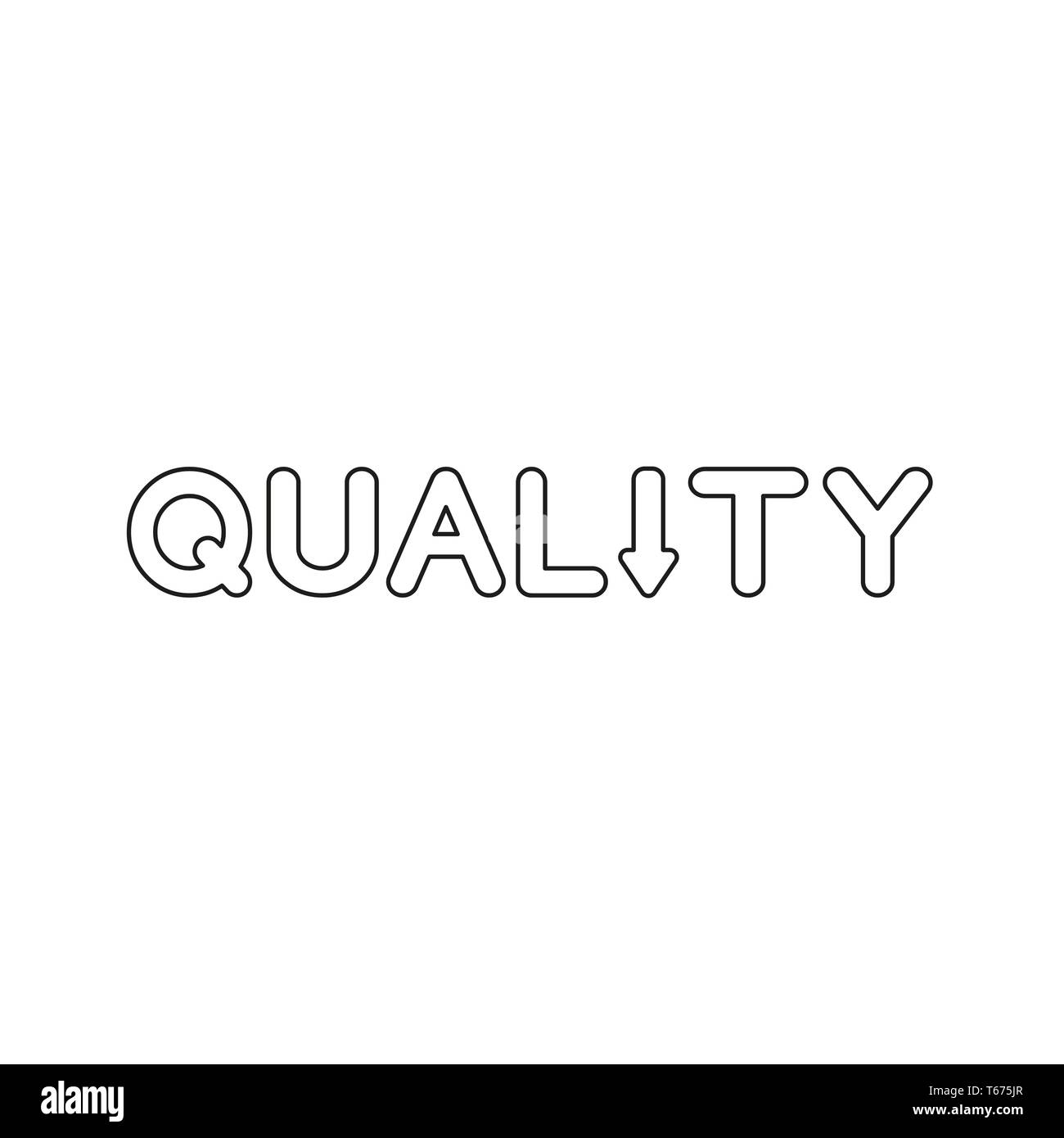 Vector icon concept of quality word text with arrow moving down. Black outlines. Stock Vector