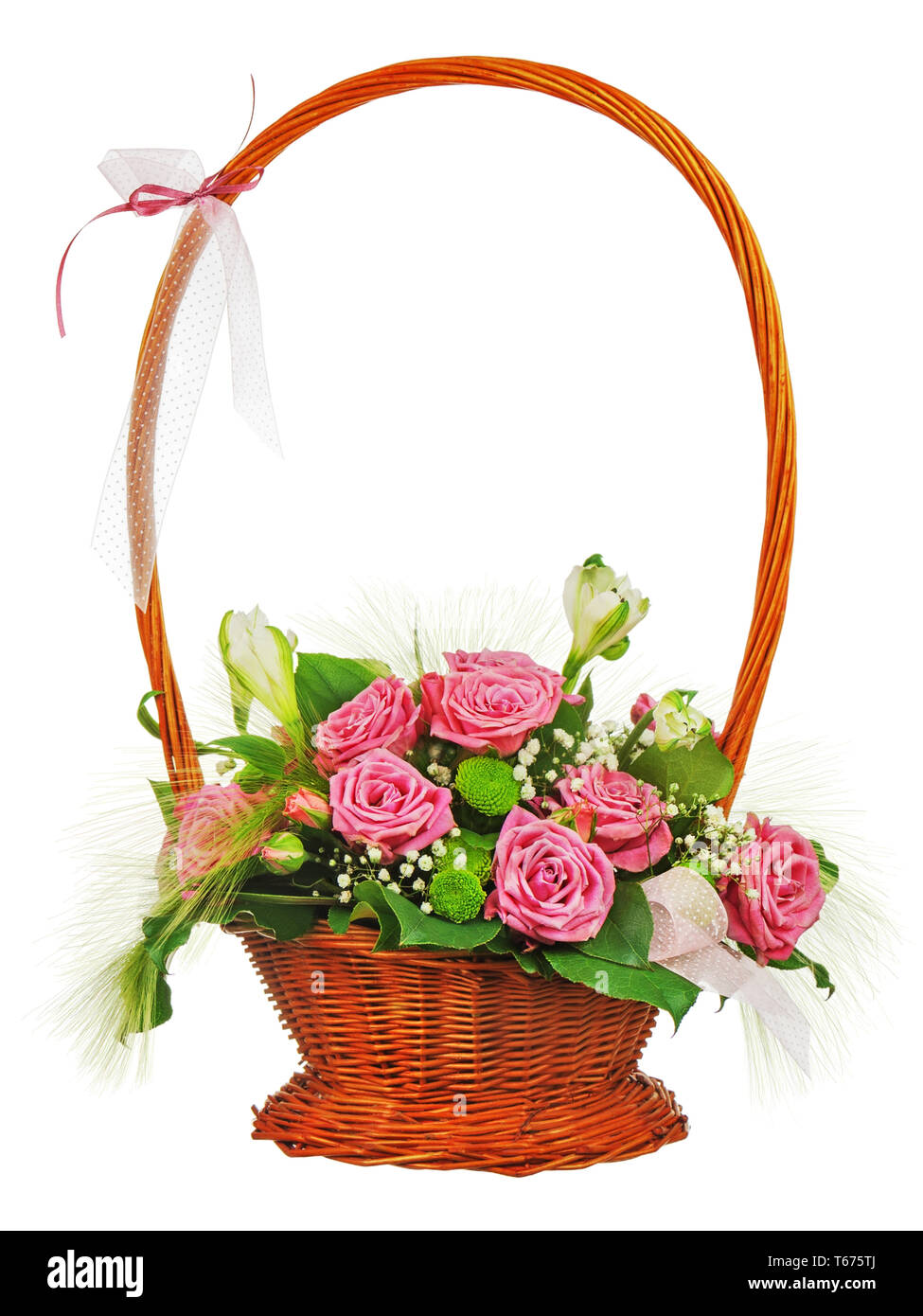 Colorful flower bouquet from roses in wicker baske Stock Photo