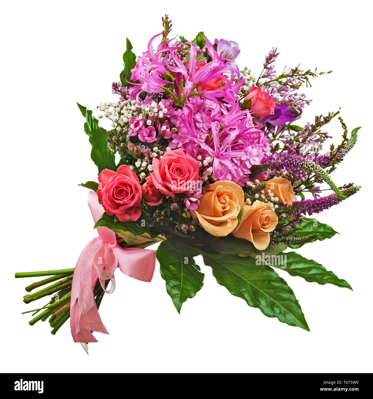 Floral bouquet of roses, lilies and orchids isolat Stock Photo