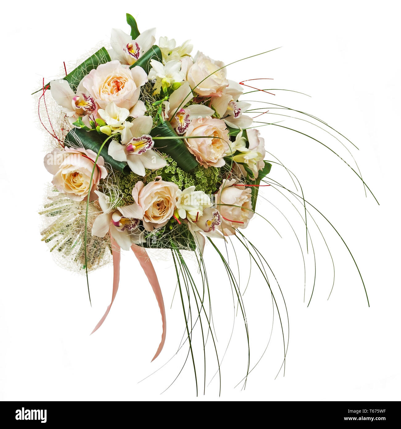 Flower arrangement of peon flowers and orchids iso Stock Photo