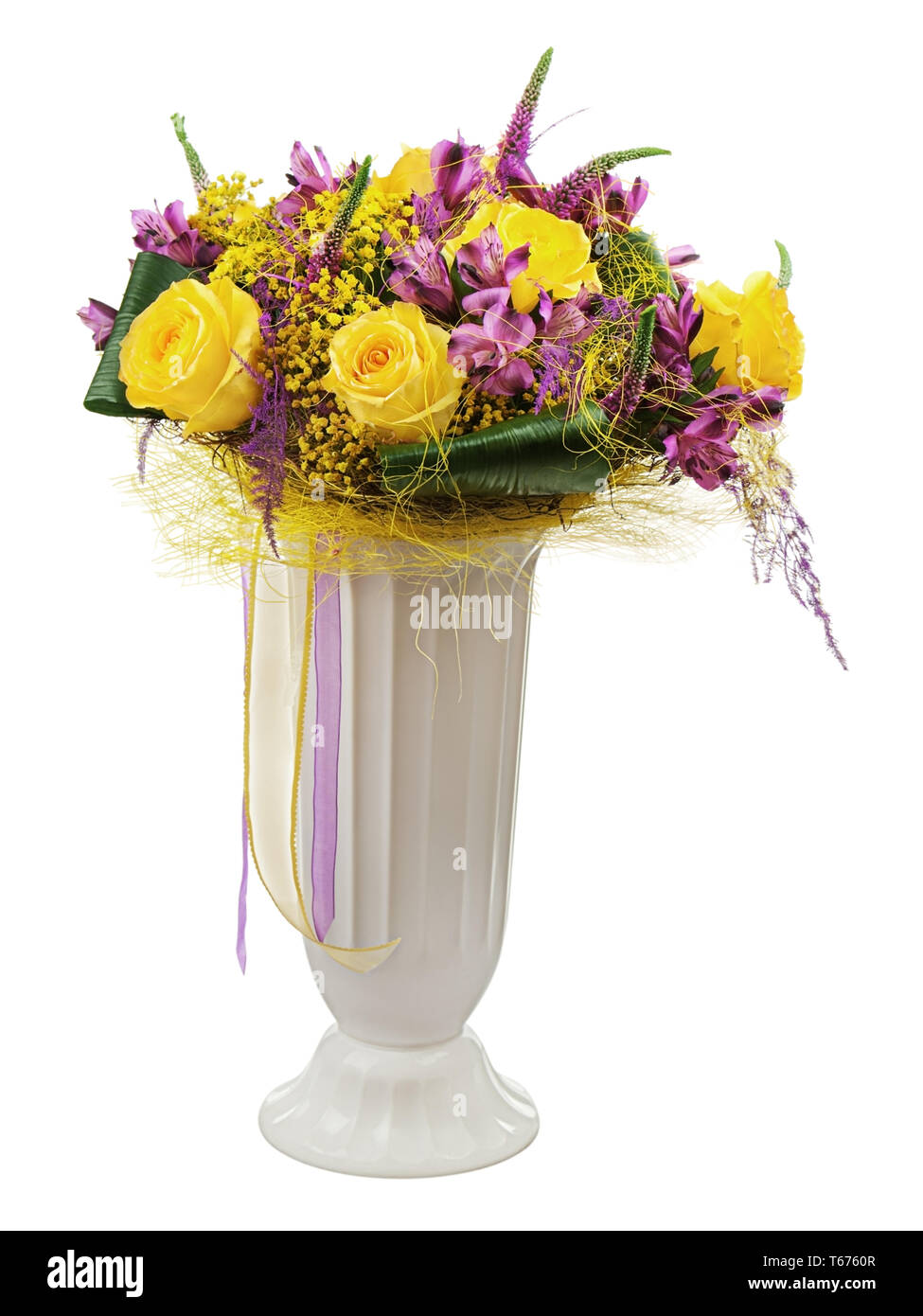 Floral bouquet of yellow roses and orchids arrange Stock Photo