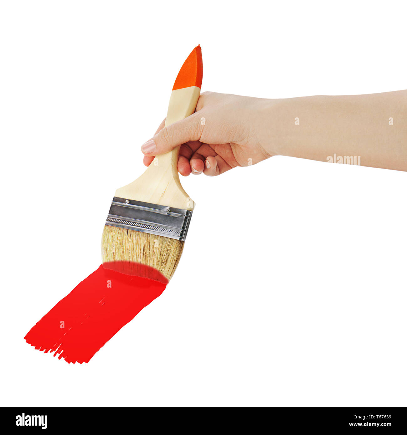 Female hand holding paint brush isolated on white Stock Photo Alamy
