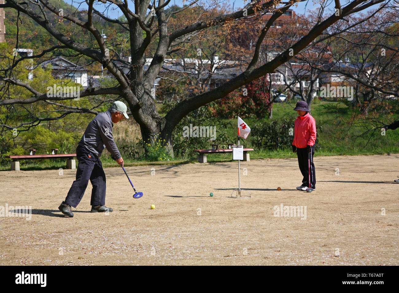 senior citizens playing grand golf in Japan Stock Photo