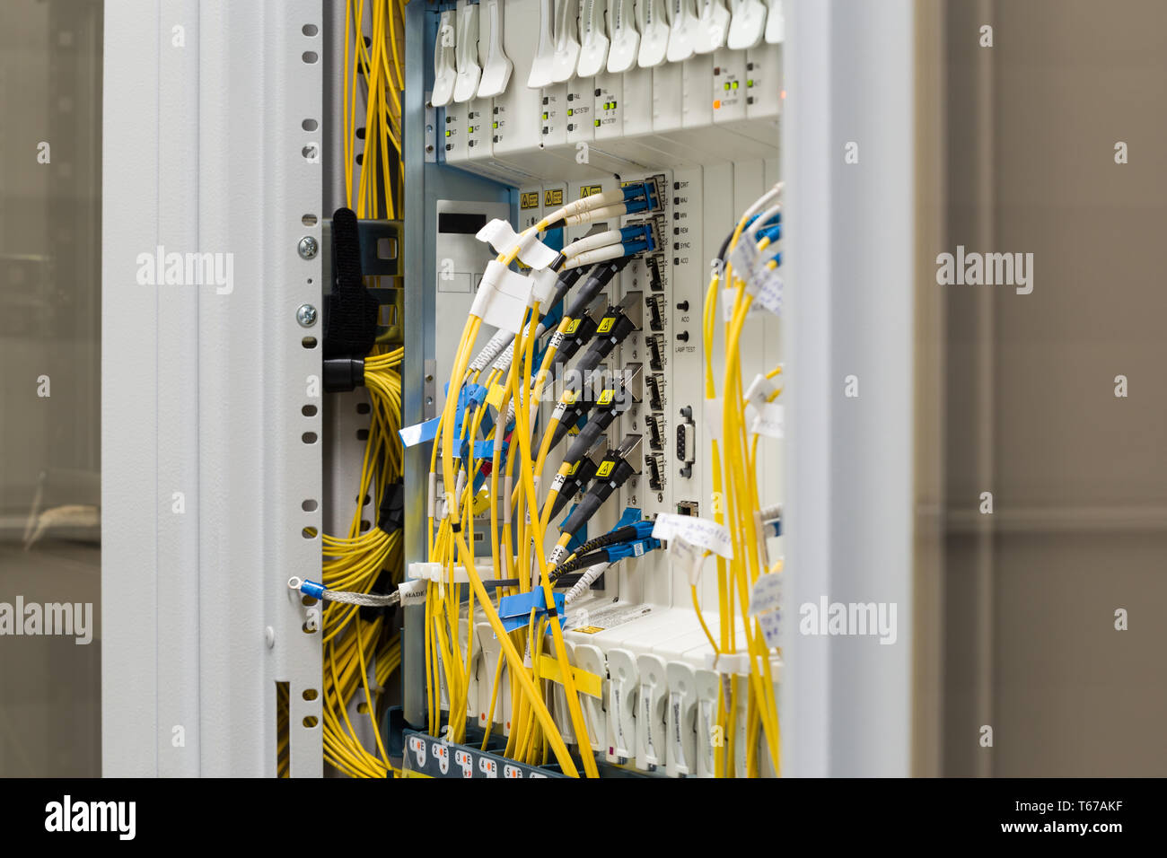 fiber optic datacenter with media converters and optical cables Stock Photo