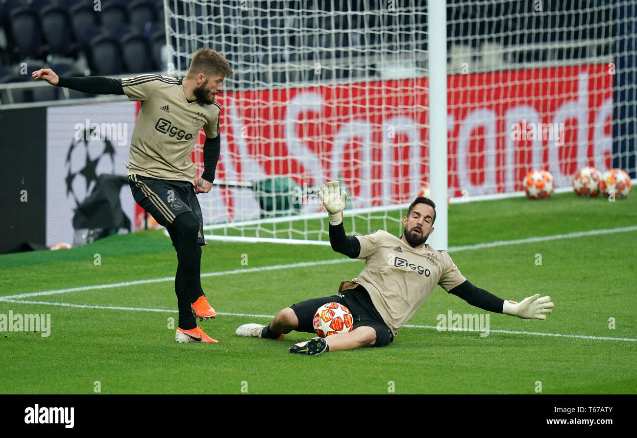 Ajax's Lasse Schone and Kostas Lamprou (right) during the training session at Tottenham Hotspur Stadium, London. Stock Photo