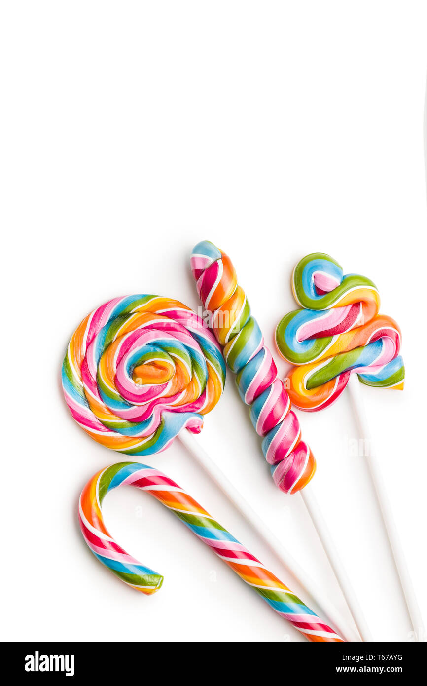 Set of colorful lollipops isolated on white background. Swirl lollipops. Stock Photo