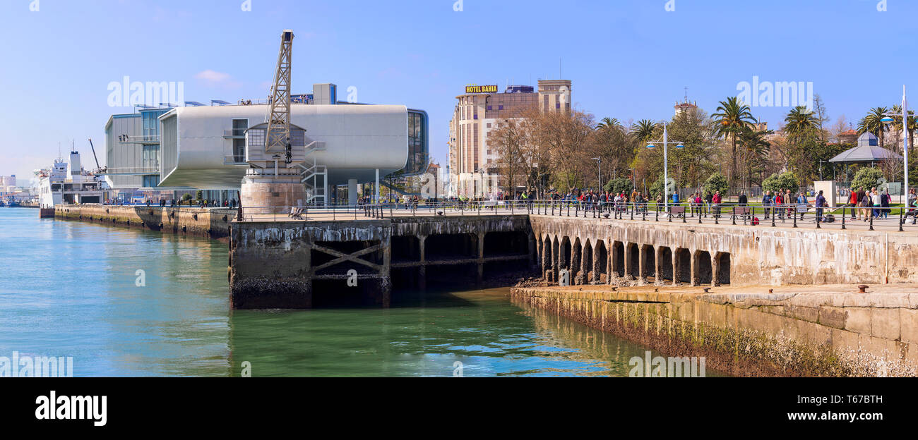 SANTANDER, SPAIN - March 24, 2019. Overview of the Botín Center (designed by the architect Renzo Piano) and the Santander Bay (one of the 'most beauti Stock Photo