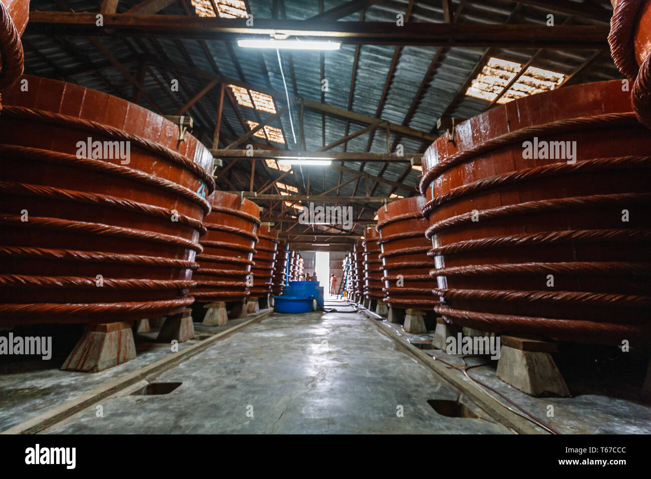 Closeup of long row of red vats fermenting a fish sauce for 1 year before selling Stock Photo
