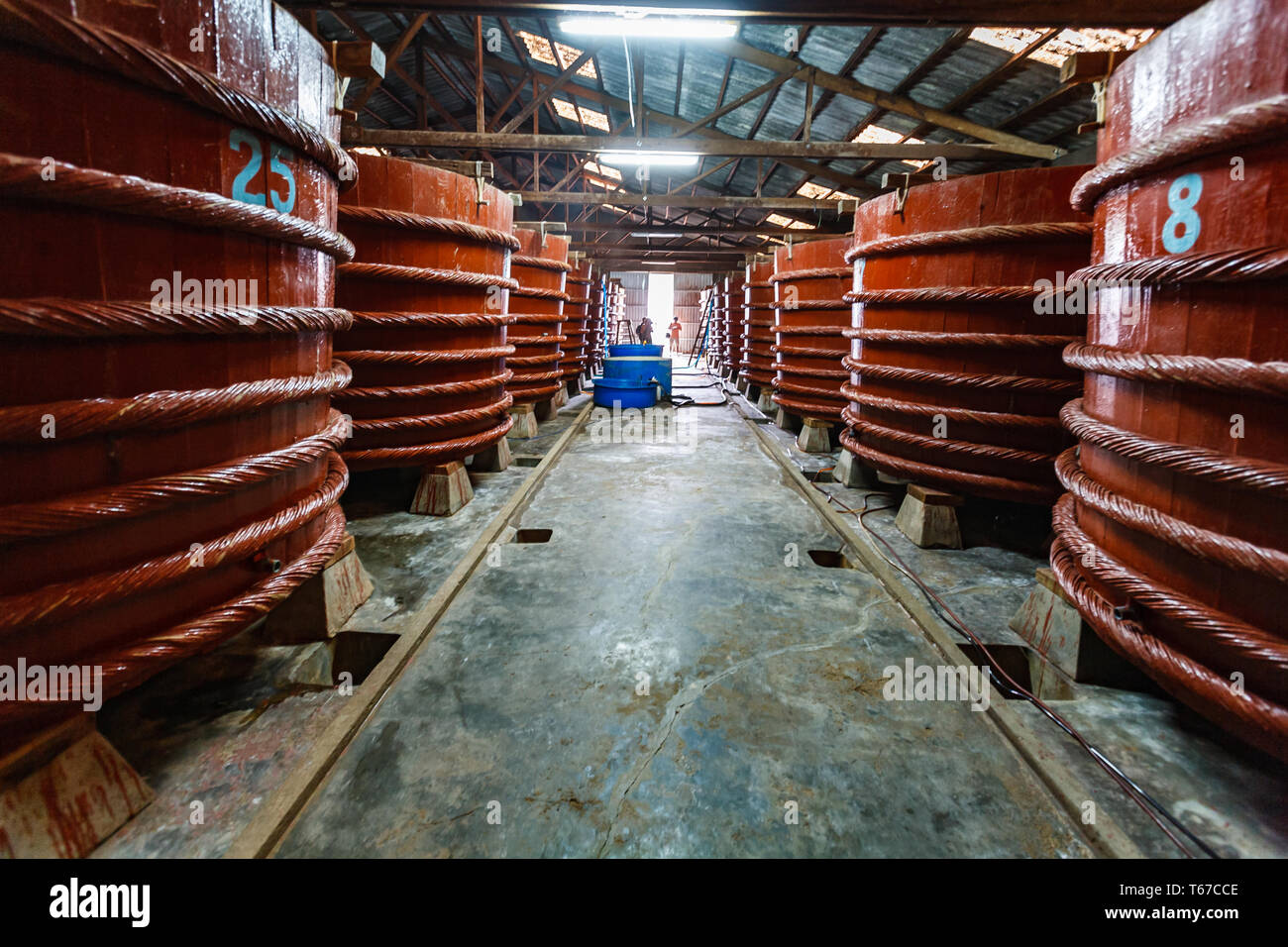 Row of huge wooden vats at a fish sauce factory where fish ferment for 1 year before bottling Stock Photo