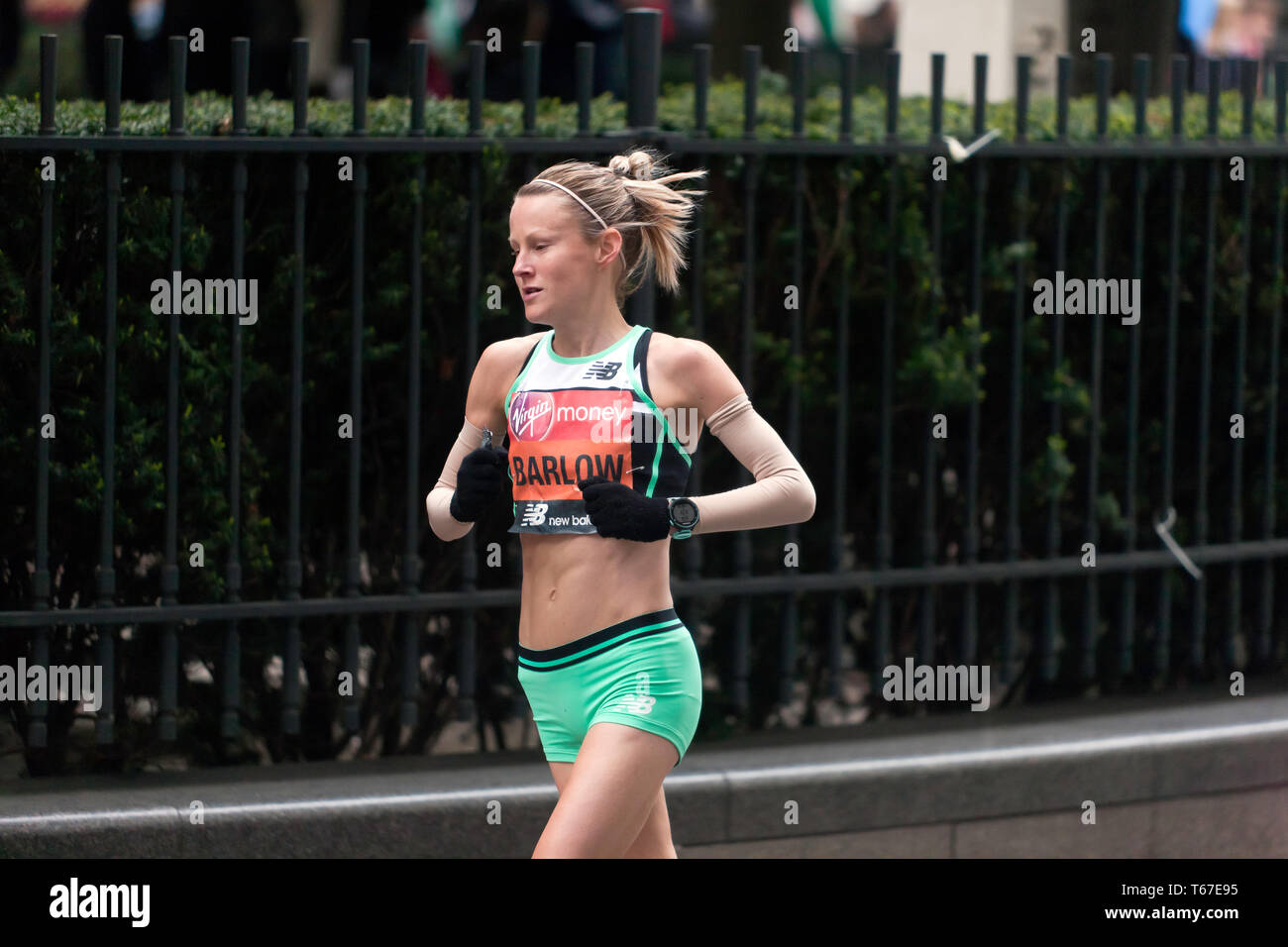 Elite female athlete, Tracy Barlow,  running for the Great Britain, in the 2019 London Marathon, she went on to finish 19th in a time of 02:36:26 Stock Photo