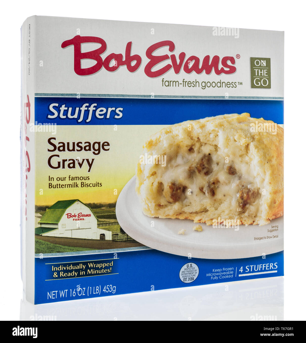 Winneconne, WI 22 April 2019 A package of Bob Evans stuffers in sausage gravy on an isolated
