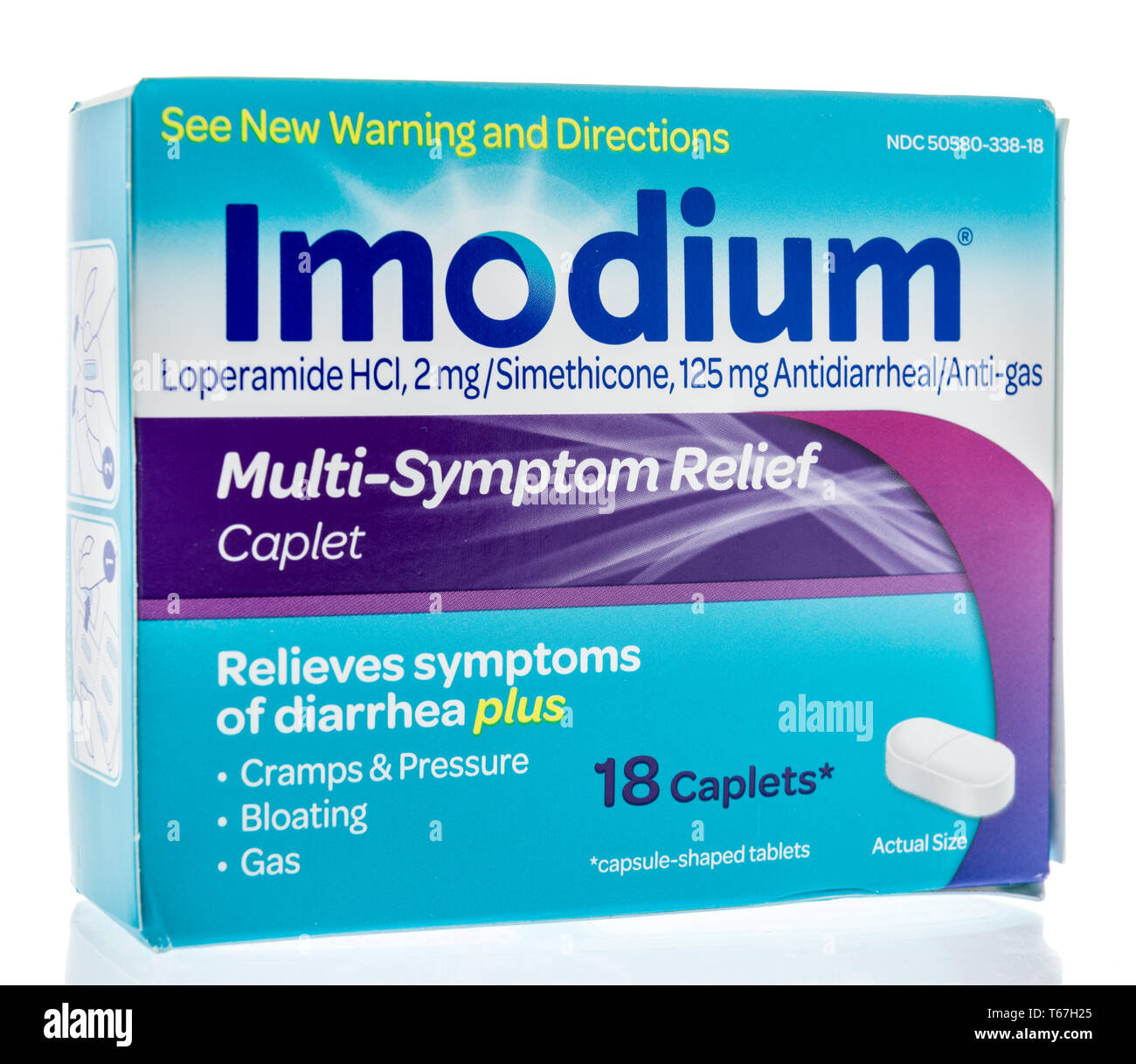 Winneconne, WI -  26 April 2019: A package of Imodium medicine for heartburn, gas and bloating on an isolated background Stock Photo