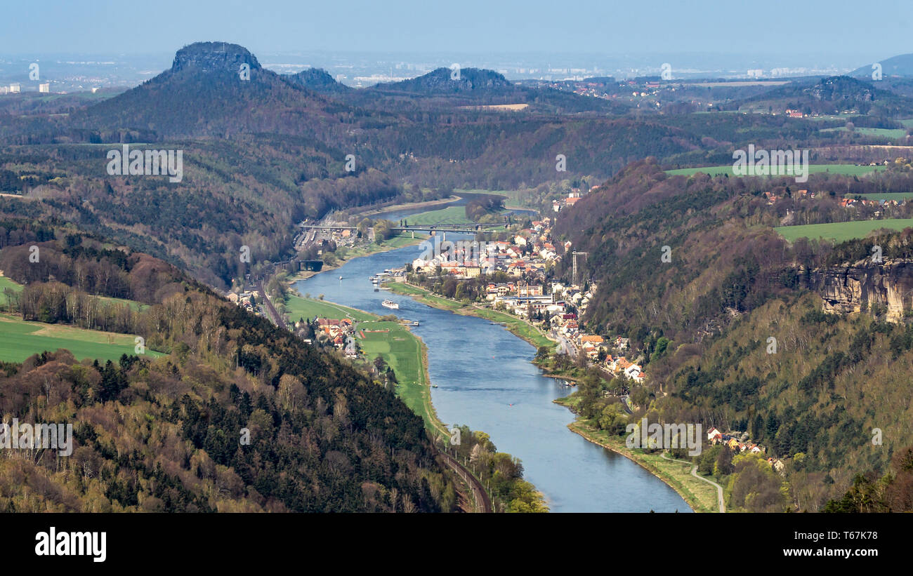 View from Kipphorn in Saxon Switzerland on the elbe valley. Stock Photo