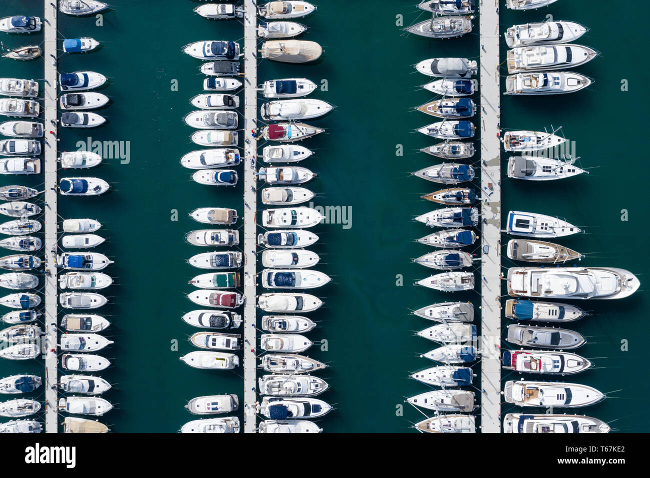 Aerial view of a lot of white boats and yachts moored in marina. Photo ...
