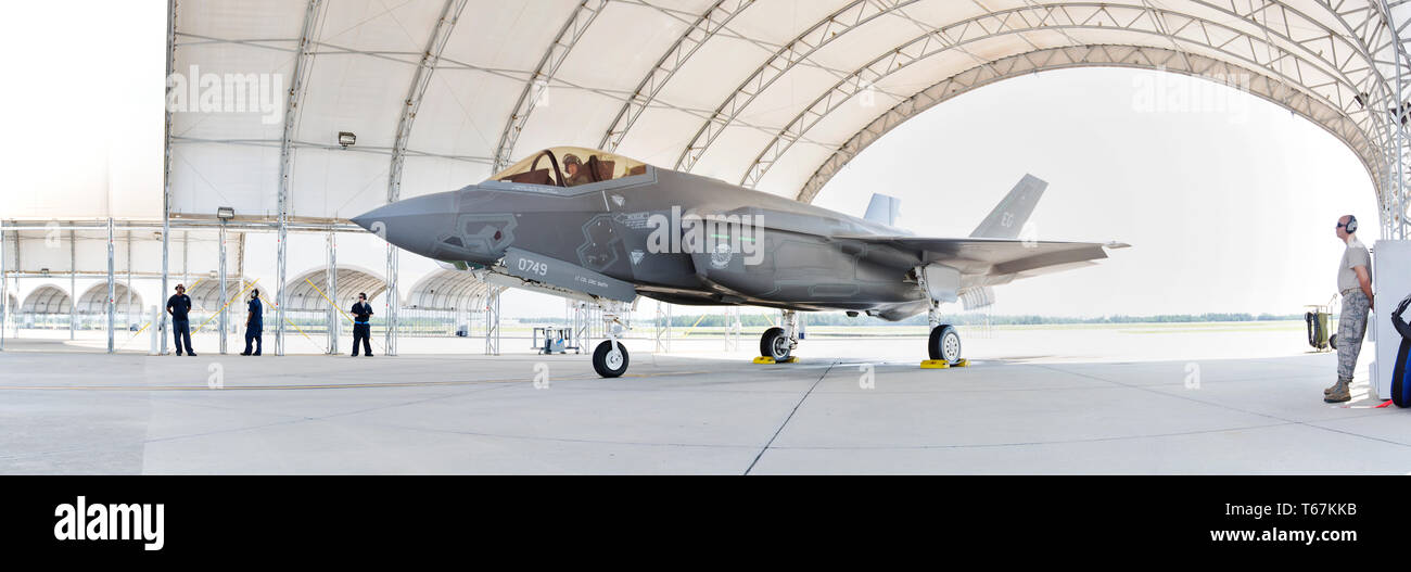 Pilot Brad Turner in a F-35A Fighter about to take on his first mission in the new fighter jet at the Eglin Air Force Base in Florida. The F-35A is built for conventional take-off and landing. Stock Photo