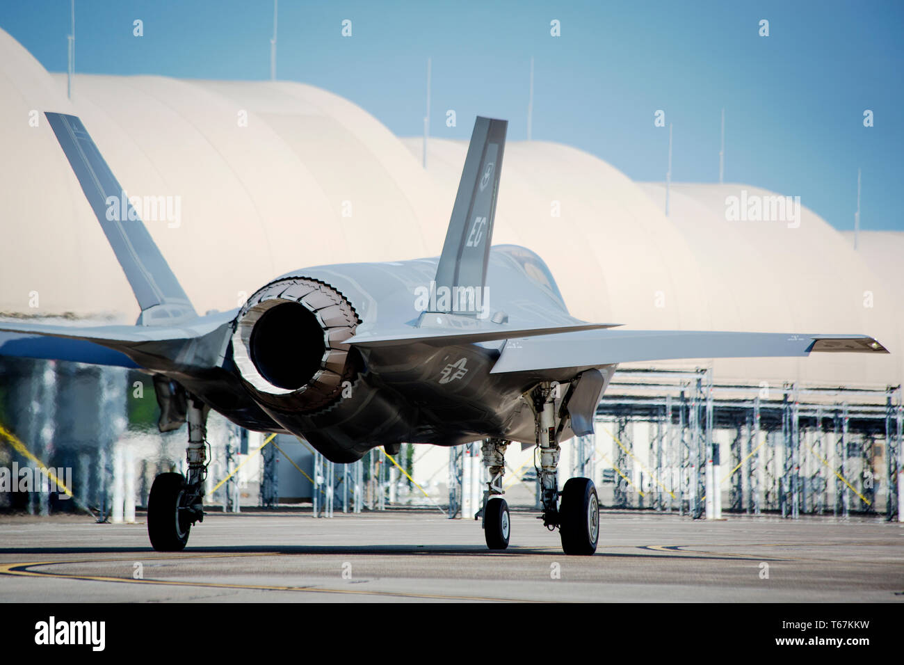 A F-35A Fighter Jet taxies at the Eglin Air Force Base in Florida. The F-35A is built for conventional take-off and landing. Stock Photo