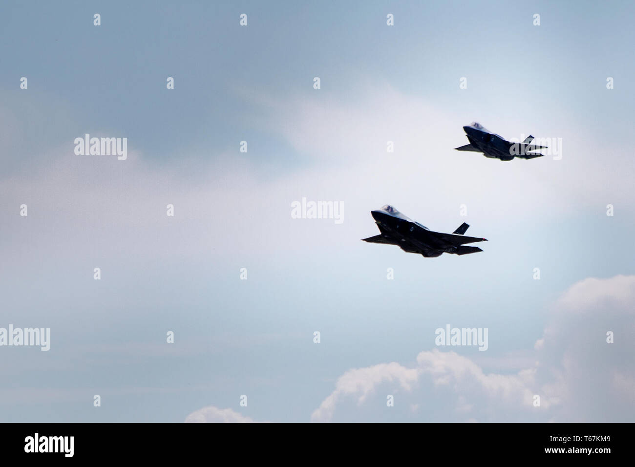 Two F-35A Fighter Jets practice take-off and landing at the Eglin Air Force Base in Florida. The F-35A is built for conventional take-off and landing. Stock Photo