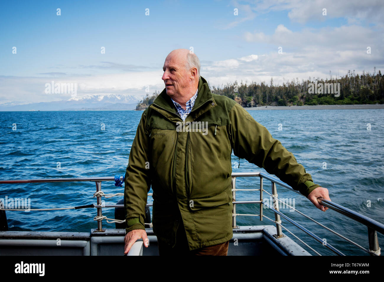 King Harald V of Norway on a trip to Kachemak Bay to see the impact of climate change in the area. An active hunter and fisherman, the king has long had and interest in environmental issues, and has repeatedly urged action to combat man made climate change. Stock Photo