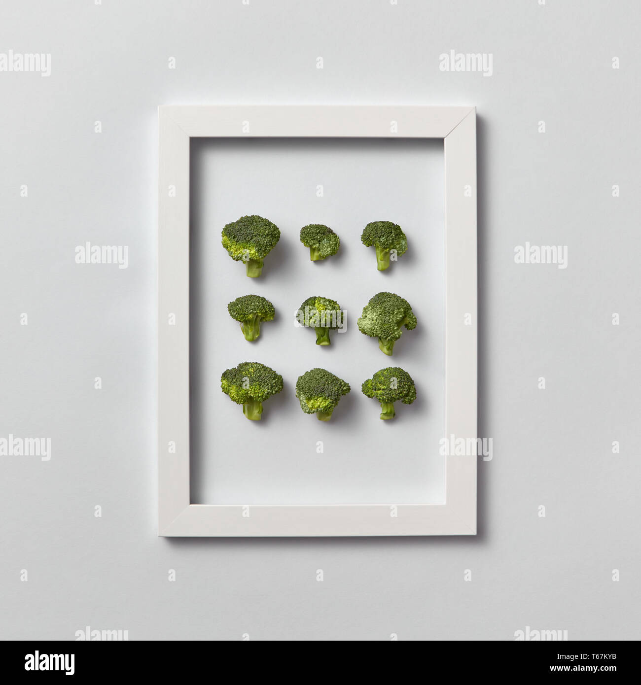 Fresh organic broccoli set in a frame on a light gray background Stock ...
