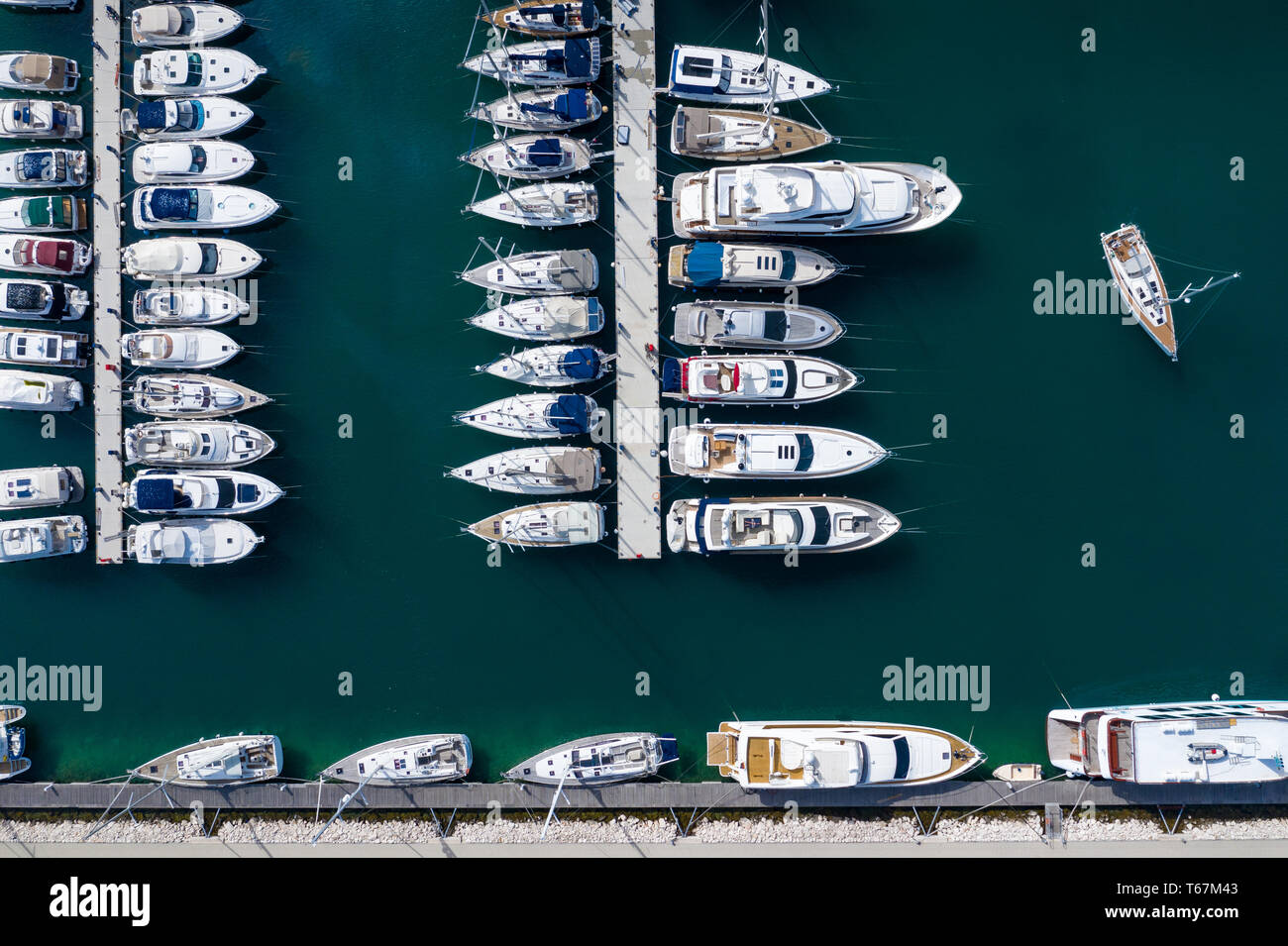 Aerial view of a lot of white boats and yachts moored in marina. Photo ...