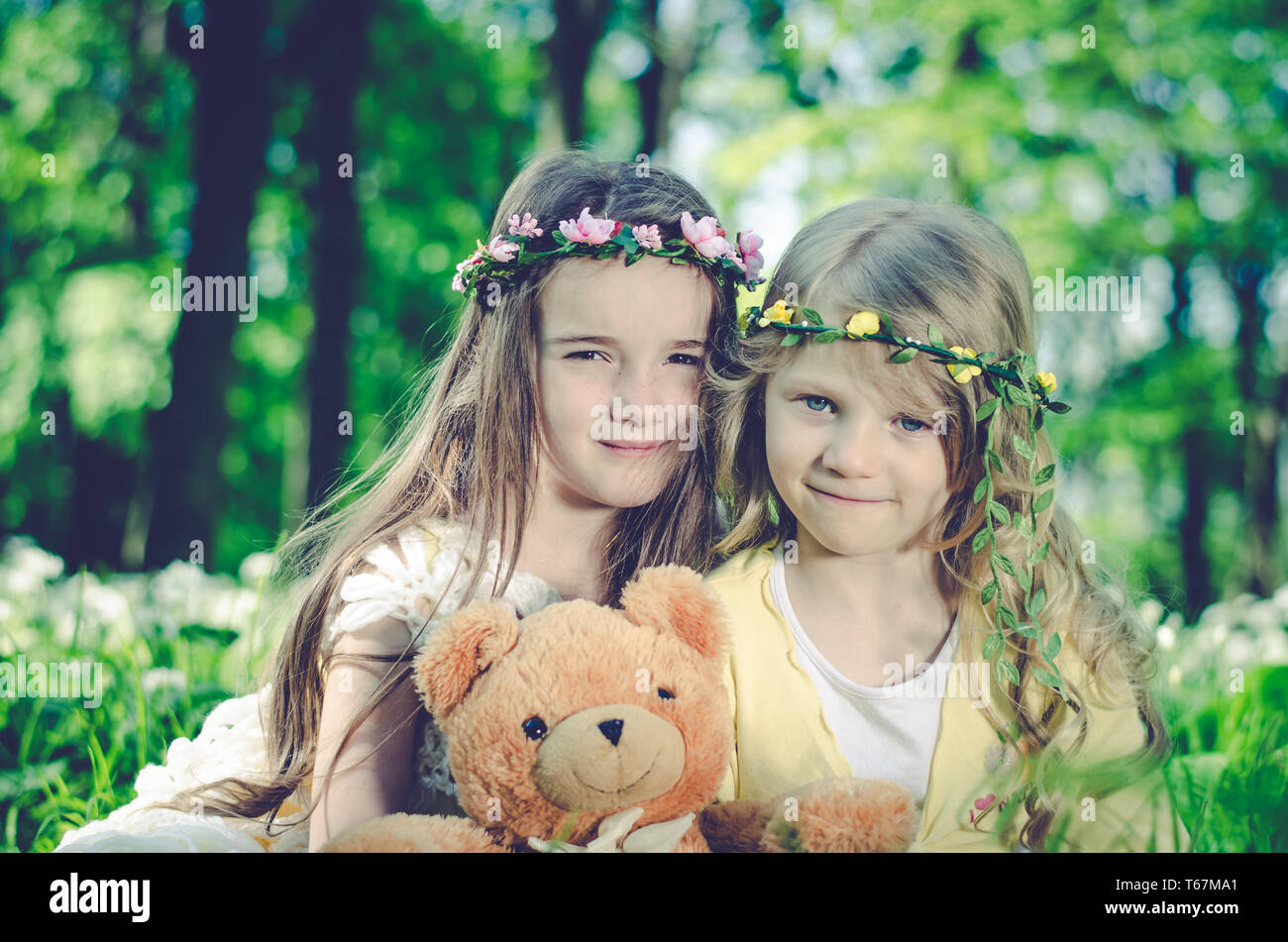 two beautiful girls sitting in the meadow together Stock Photo - Alamy