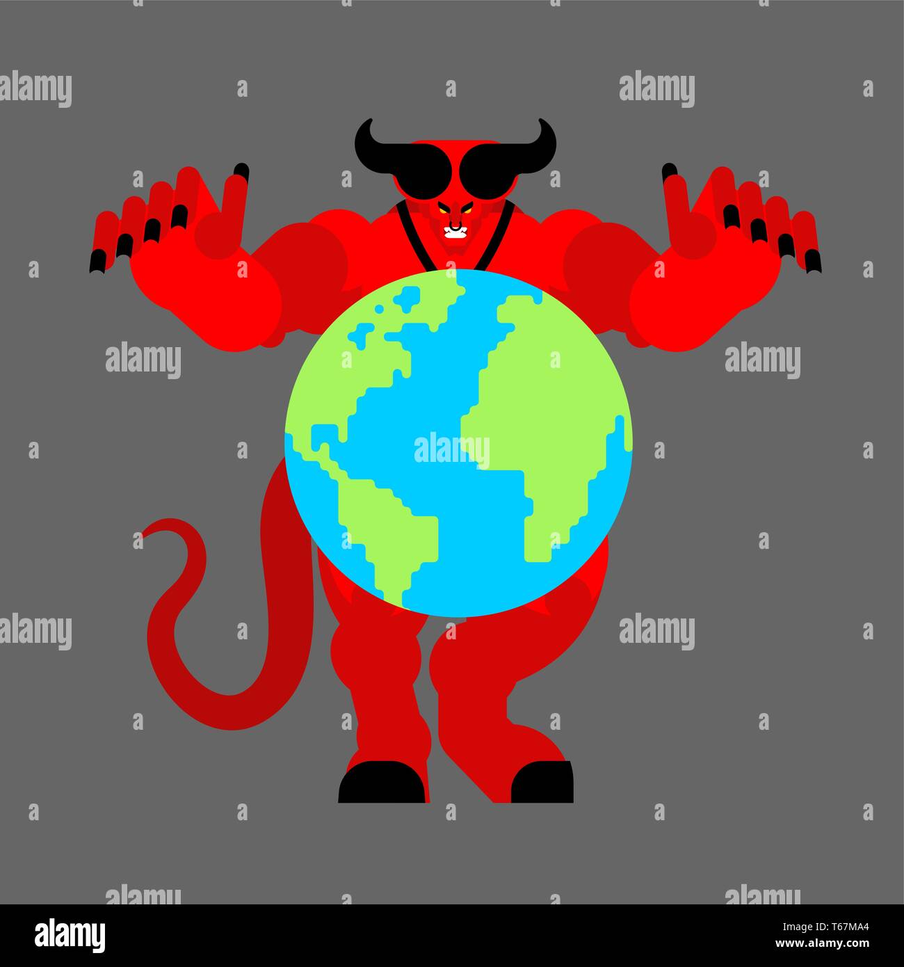 Earth in hands of demon. Devil holds planet. beginning of apocalypse. Satan and world  Stock Vector