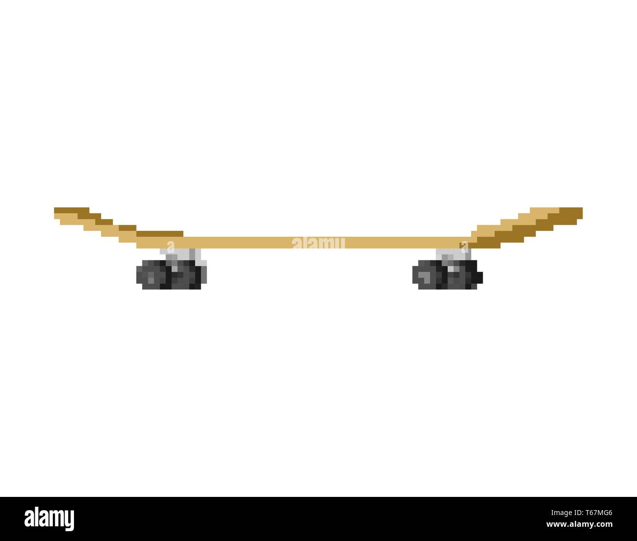 Skateboard pixel art. Board for riding 8 bit. Old game graphics Stock