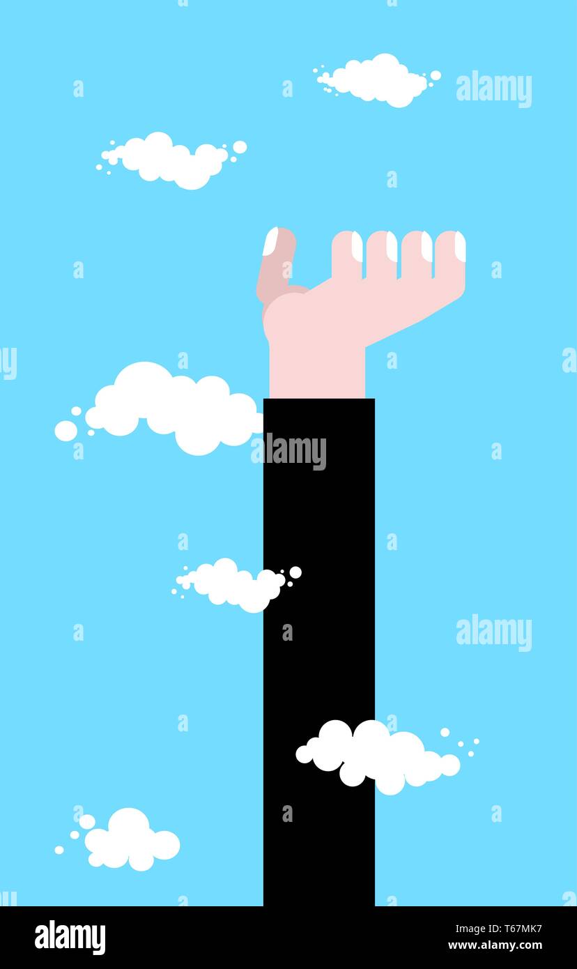 High hand. Raise up to heaven. Business hand in clouds. Pprotege concept template Stock Vector
