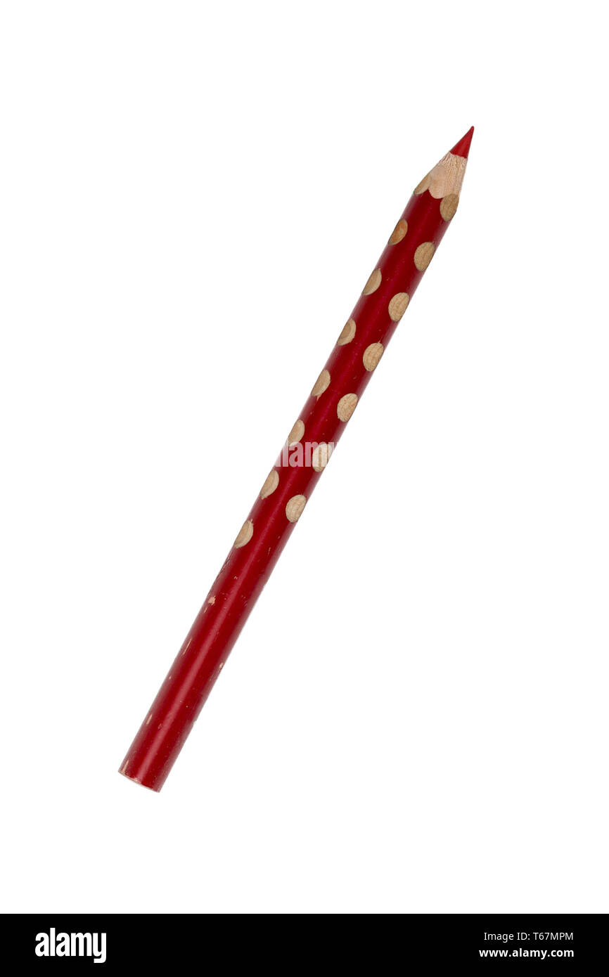 old used red crayon pencil, isolated on white Stock Photo
