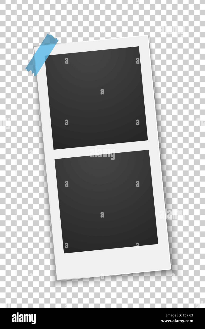 Squared empty photo template glued on a blue sticker isolated on a transparent background. Double frame. Photo, film card. Row rotated. Vector illustr Stock Vector
