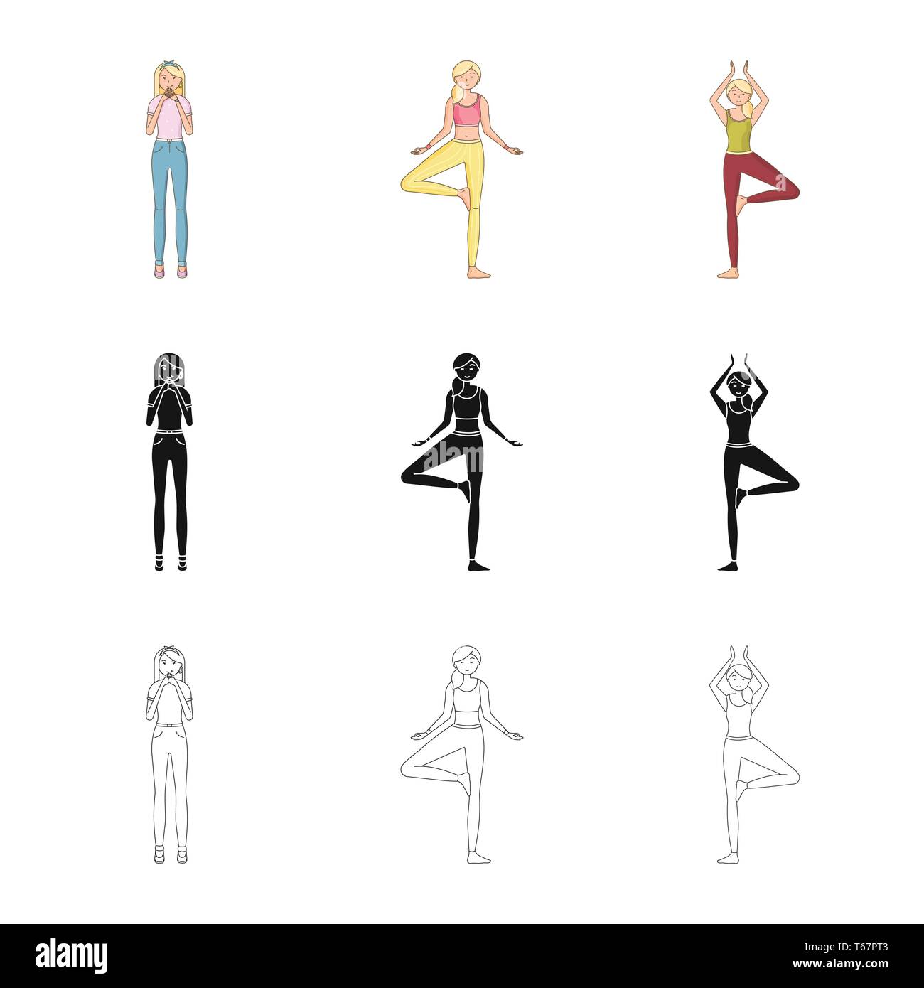 Vector illustration of posture and mood icon. Set of posture and female stock vector illustration. Stock Vector