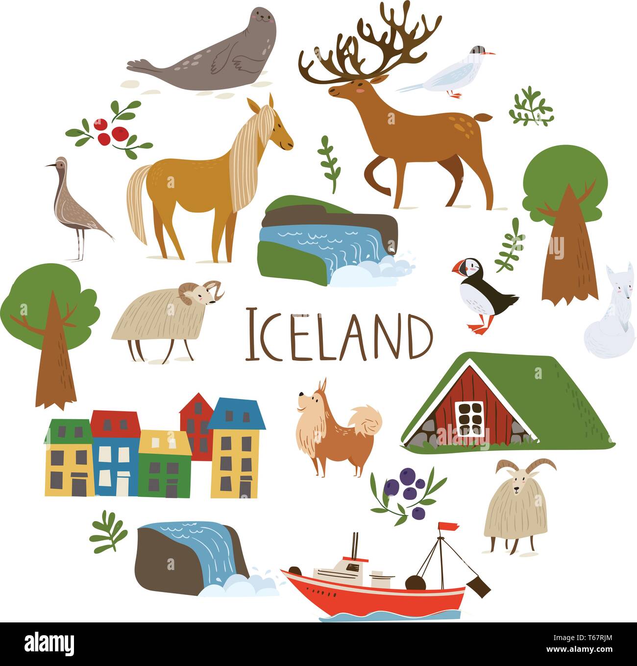 Iceland nature vectorin a circle with  symbols of landscapes, animals and architecture. . Stock Vector