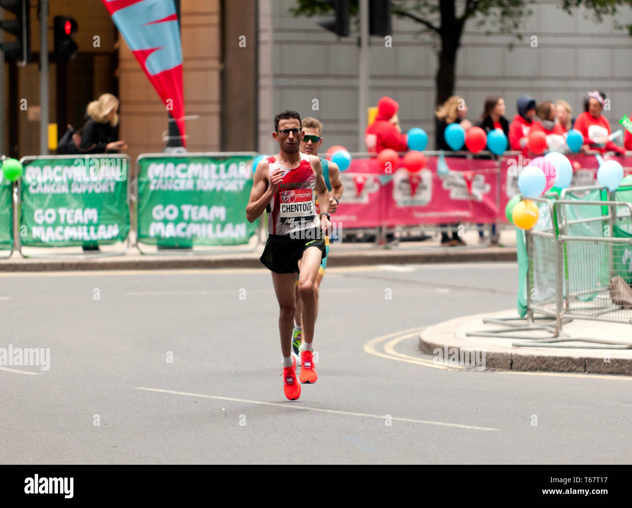 El Amin Chenttouf (MAR), and Michael Roeger (AUS), competing in the World Para 2019 London Marathon. El Amin won the race in a time of 02:21:23. Michael came second in 02:22:51. They both came first in their respective categories. Stock Photo
