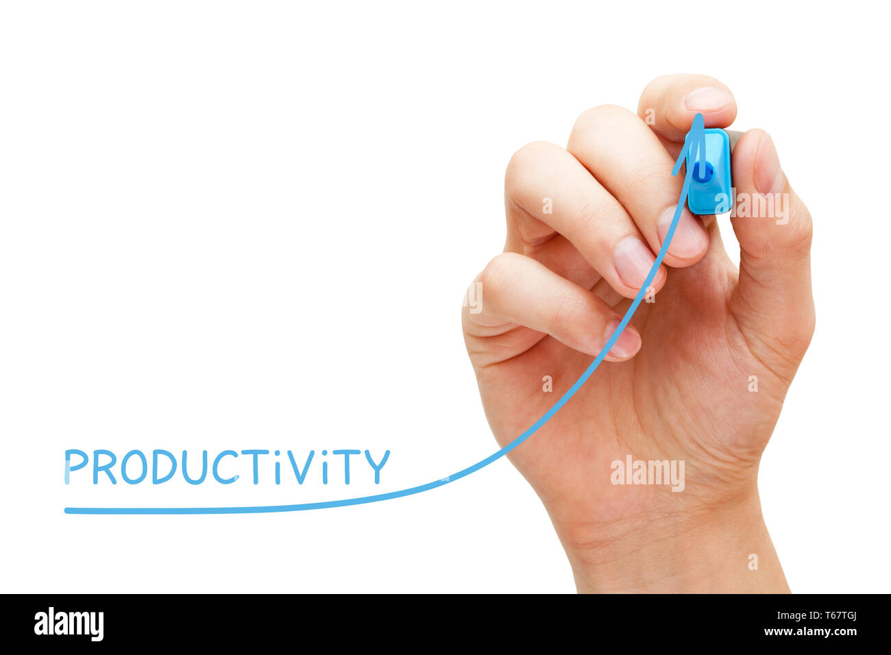 Hand drawing Productivity improvement graph with blue marker on transparent wipe board isolated on white background. Production efficiency growth conc Stock Photo