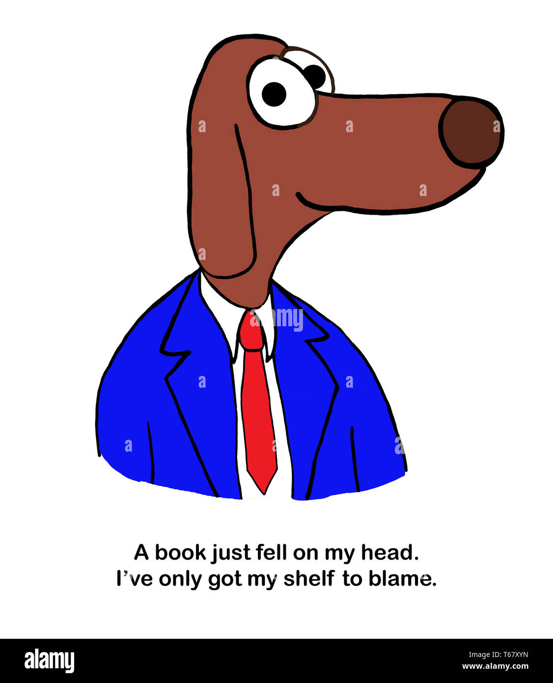 Dog professor has a faulty book shelf Stock Photo