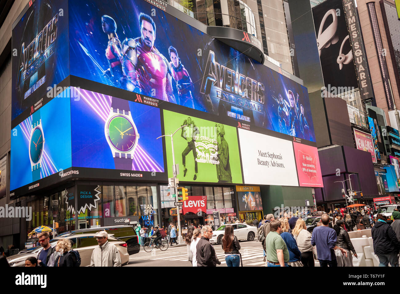 Advertising for Marvel Studios “Avengers: Endgame” in Times Square in New York on the Monday after its blockbuster weekend opening, April 29, 2019. The Walt Disney Co. film made an estimated $1.2 billion worldwide on its opening and is the only film to have ever surpassed $1 billion on its first weekend, beating out another Avengers film, “Avengers: Infinity War” from last year. (© Richard B. Levine) Stock Photo