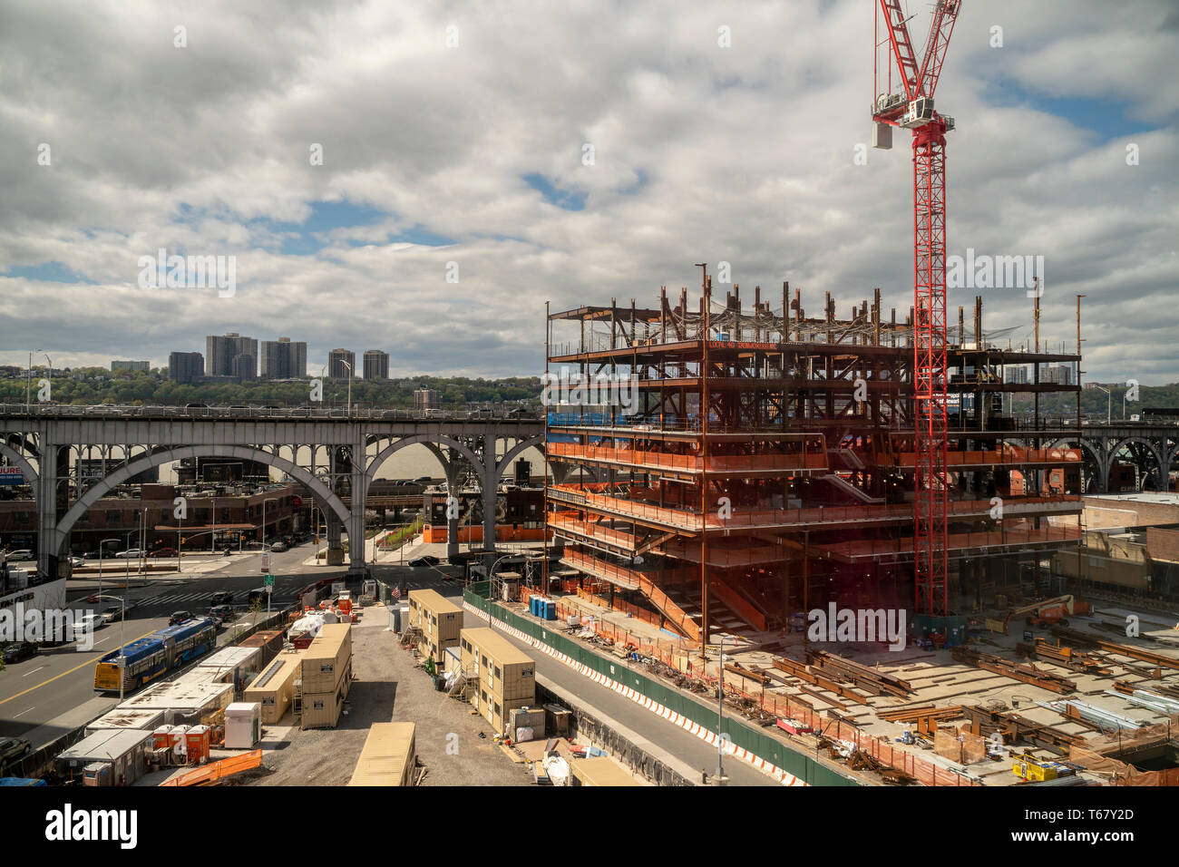 Construction in the 17 acre area, partially acquired through the use of controversial eminent domain, in Manhattan Valley in New York where Columbia University is building a bio-tech lab as well as a general university expansion on Saturday, April 27, 2019. The Riverside Drive viaduct spanning Manhattan Valley is in the background. (Â© Richard B. Levine) Stock Photo