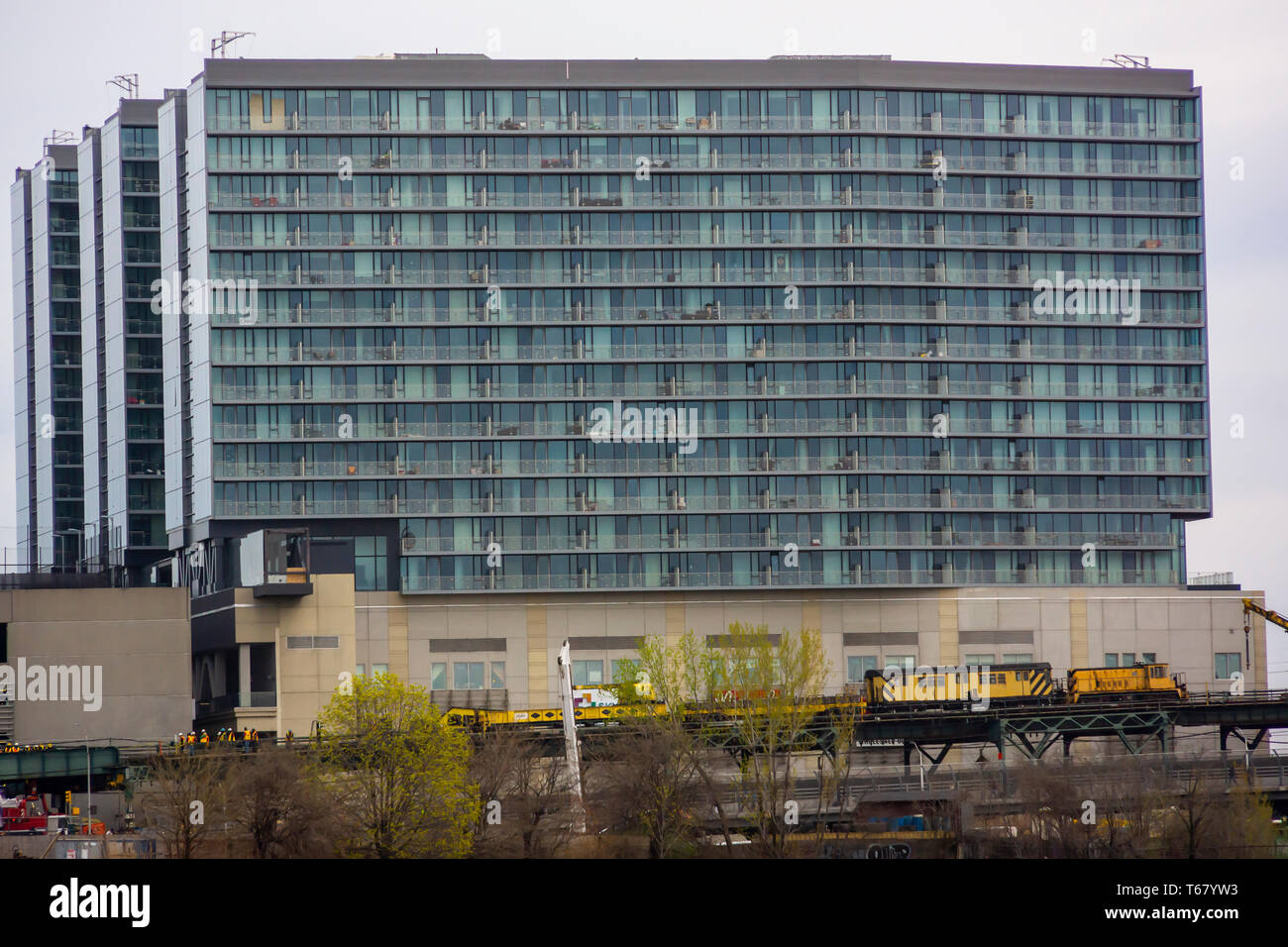 Skyview Plaza condominiums and shopping mall next to Flushing Creek in the Flushing neighborhood of Queens in New York on Saturday, April 20, 2019. (Â© Richard B. Levine) Stock Photo