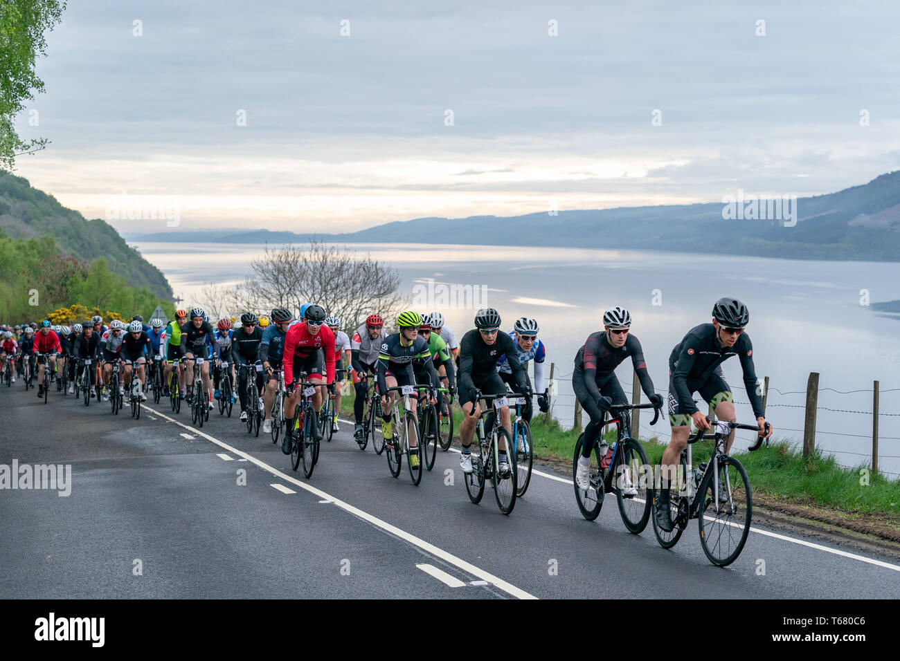 This is the Etape Loch Ness Sunday 28 April 2019 which attracted more than 5000 to Cycle around Loch Ness in support of Macmillan Cancer Support Stock Photo Alamy