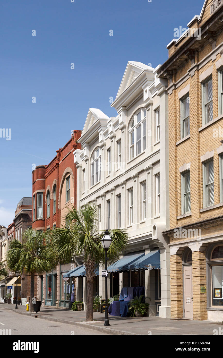 Storefronts on King Street in Charleston in South Carolina, USA. The