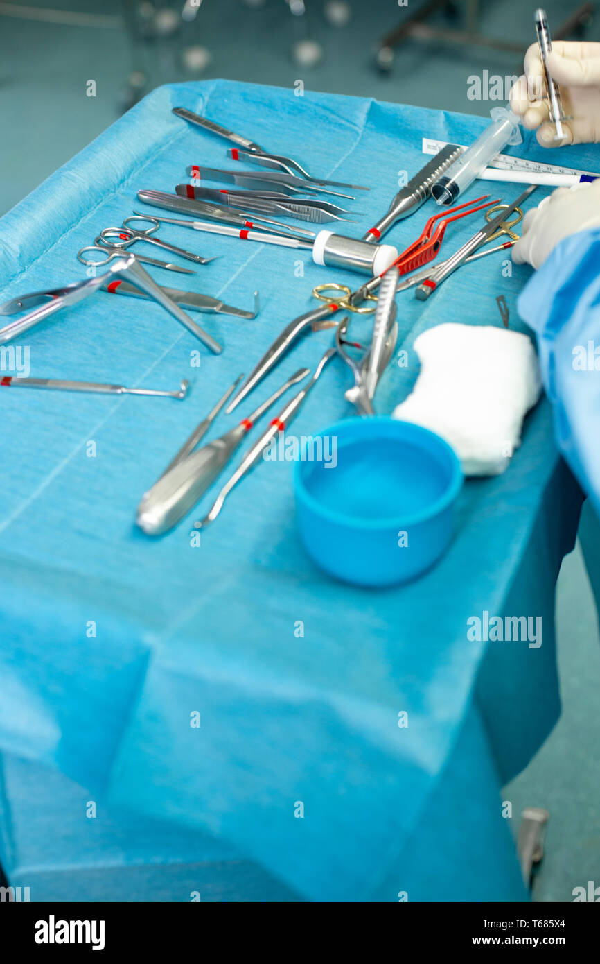 Close up of doctor hands during surgery in operation room. Sterile